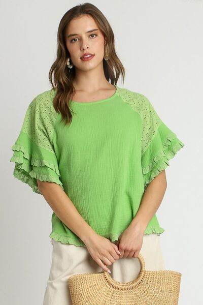 Umgee Cotton Gauze Round Neck Ruffle Eyelet Layered Sleeve Blouse Plus Size - us.meeeshop