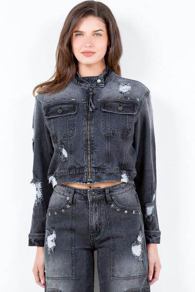 American Bazi Distressed Star Stud Trim Denim Rider Jacket Plus Size - us.meeeshop