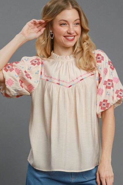 Umgee Embroidered Puff Sleeve Mock Neck Top Plus Size - us.meeeshop