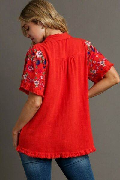 Umgee Linen Shirt with Embroidered Sleeves Plus Size - us.meeeshop