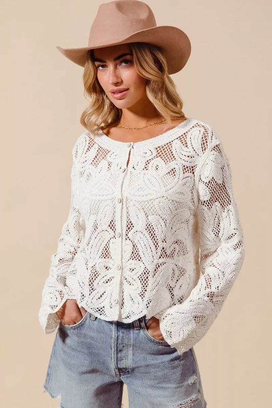 SO ME Button Front Floral Pattern Crochet Lace Cardigan (women's shirts & tops) - shop at us.meeeshop