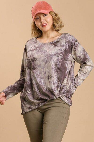 Umgee Tie Dye Front Gathered Detail Round Neck Long Sleeve T-Shirt Plus Size - us.meeeshop