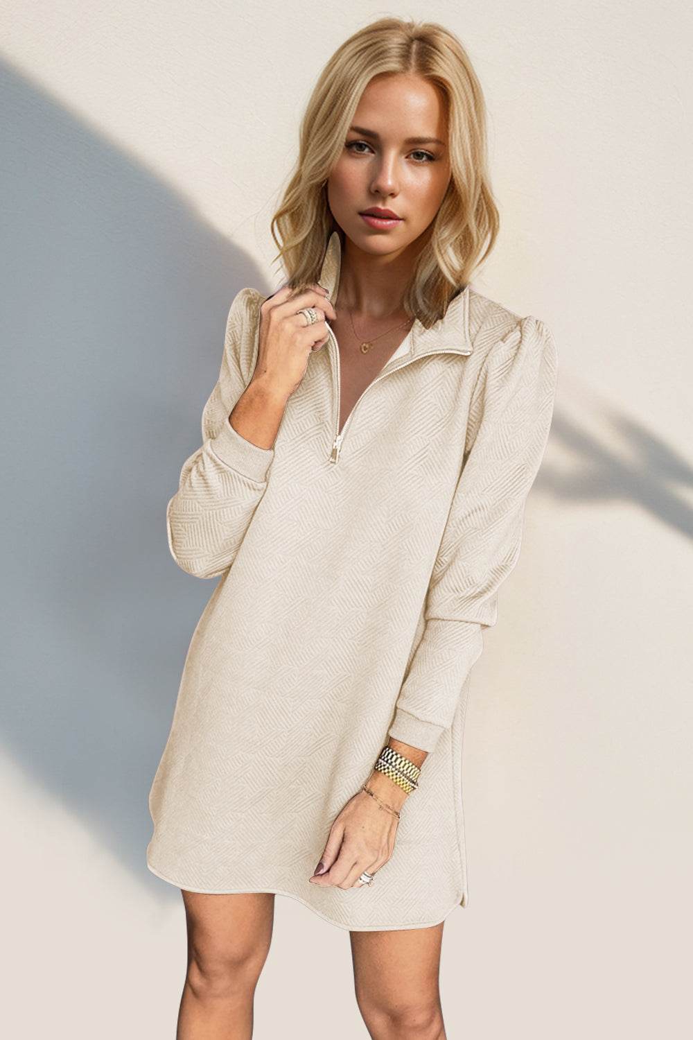 Double Take Textured Quarter Zip Long Sleeve Dress - us.meeeshop