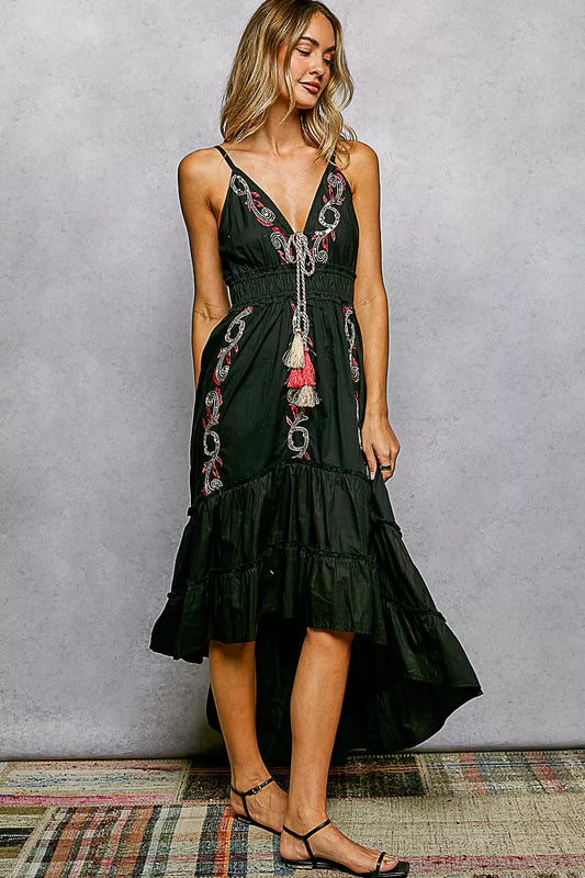 pol embroidered detail Pol Embroidered Detail Tassel Tie Smocked Waist Midi Tiered Cami Dress view 2 (dress) - shop at us.mee
