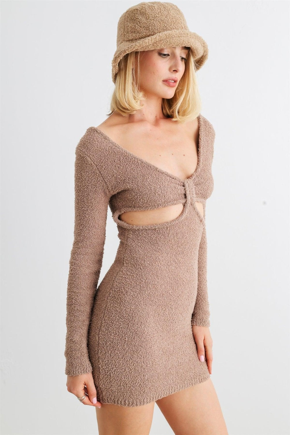 HERA COLLECTION Fluffy Bow Cut-Out Detail Long Sleeve Mini Dress | us.meeeshop