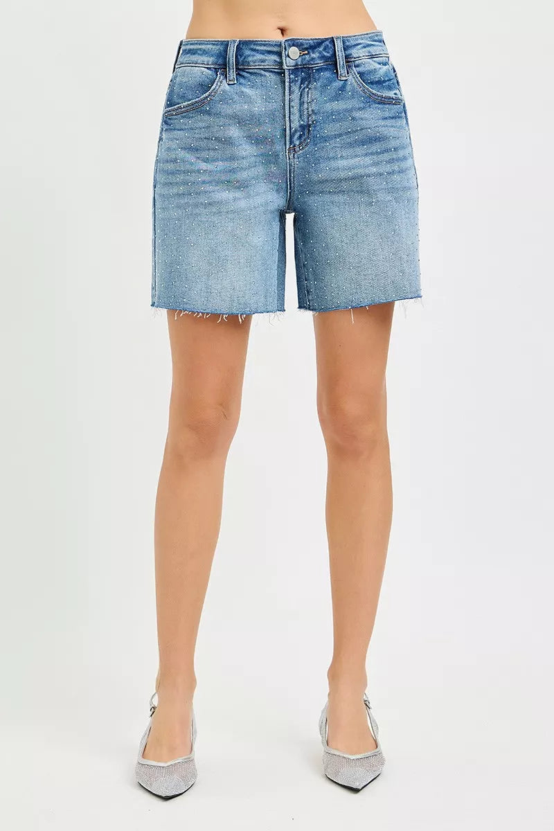 risen slouchy mid Risen Slouchy Mid Length All over Rhinestones Shorts view 5 (bottom) - shop at us.meeeshop