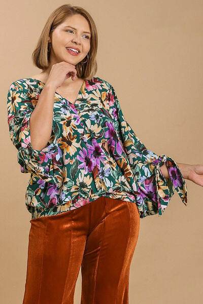 Umgee Floral V-Neck Tie Sleeve Blouse Plus Size - us.meeeshop