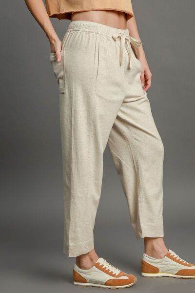 Umgee Drawstring Elastic Waistband Linen Blend Pants Plus Size - us.meeeshop