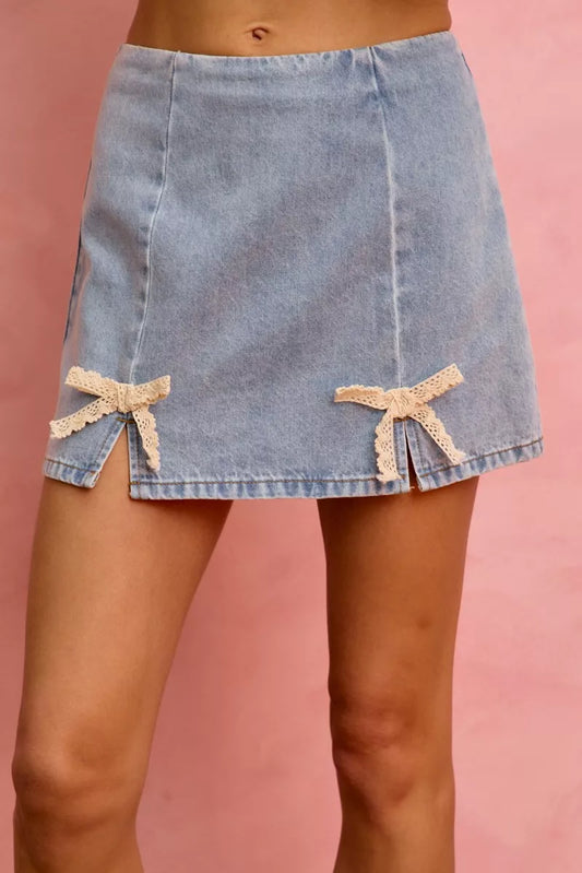lace ribbon trim So Me Lace Ribbon Trim Denim Mini Skirt view 2 (skirt) - shop at us.meeeshop