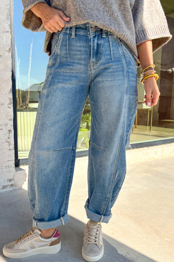 Fallon Blue Medium Wash Cuffed Barrel Jeans in 4 - Fall Wardrobe Essential - Jimmy Fallon Blue Jeans (bottom)