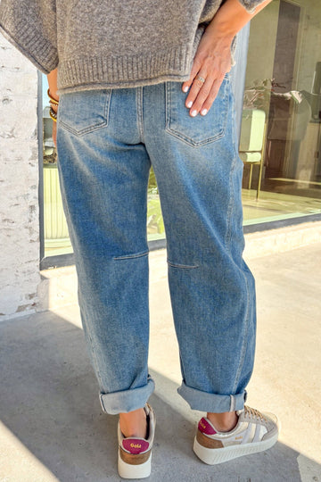 Fallon Blue Medium Wash Cuffed Barrel Jeans in 6 view 2 - Fall Wardrobe Essential - Jimmy Fallon Blue Jeans (bottom)