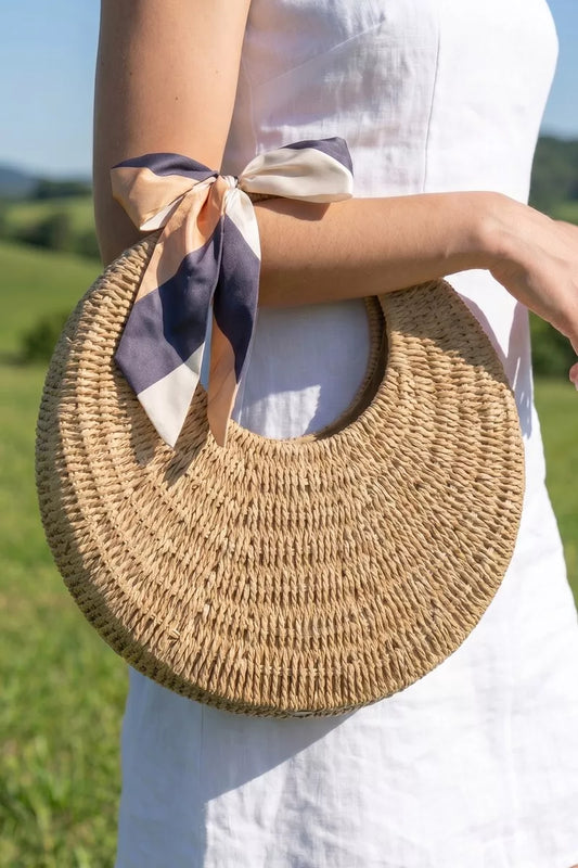 fame round woven Fame Round Woven Straw Bag with Bow Scarf Accent CA (bag) - shop at us.meeeshop