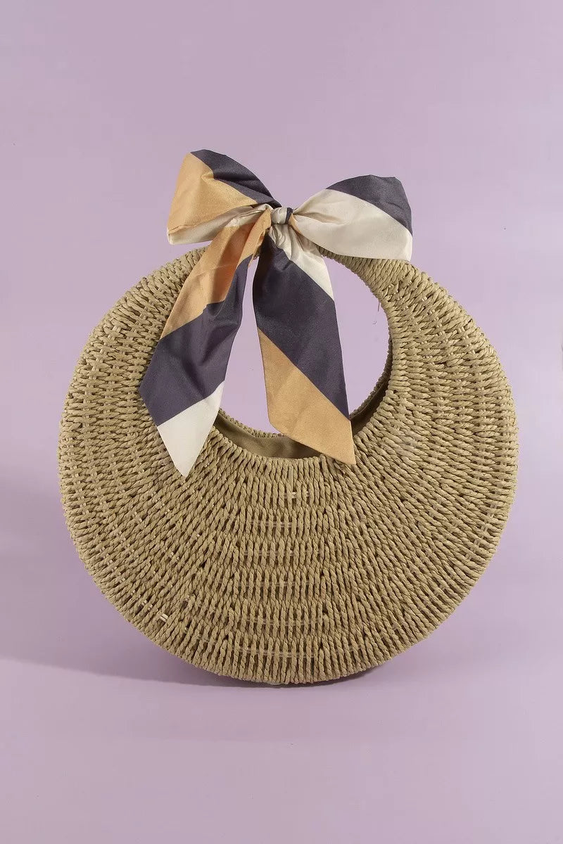 fame round woven Fame Round Woven Straw Bag with Bow Scarf Accent view 2 (bag) - shop at us.meeeshop