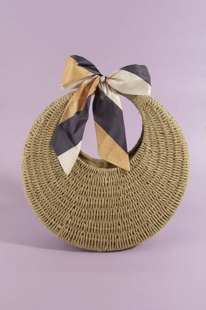 fame round woven Fame Round Woven Straw Bag with Bow Scarf Accent view 2 (bag) - shop at us.meeeshop
