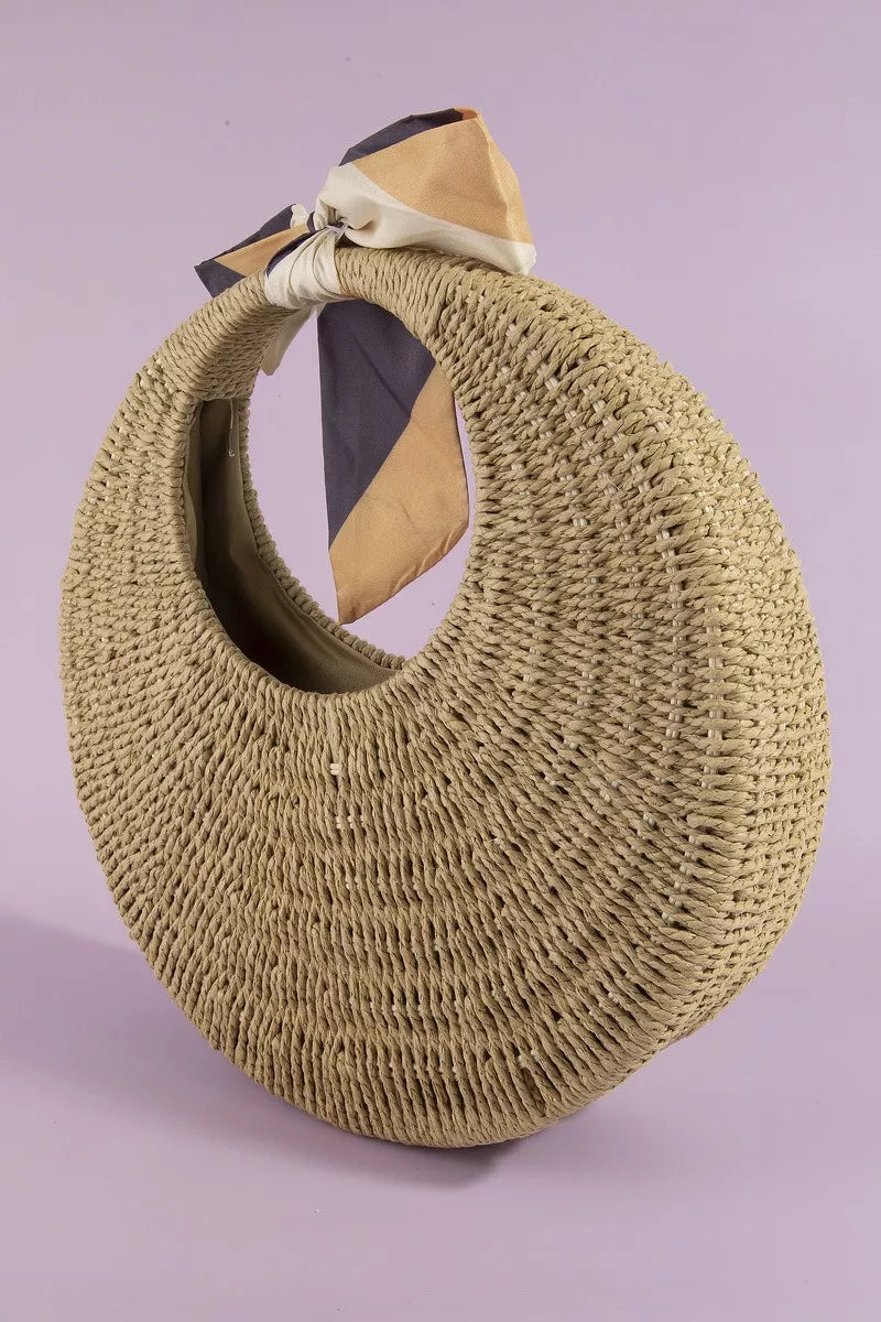 fame round woven Fame Round Woven Straw Bag with Bow Scarf Accent view 3 (bag) - shop at us.meeeshop