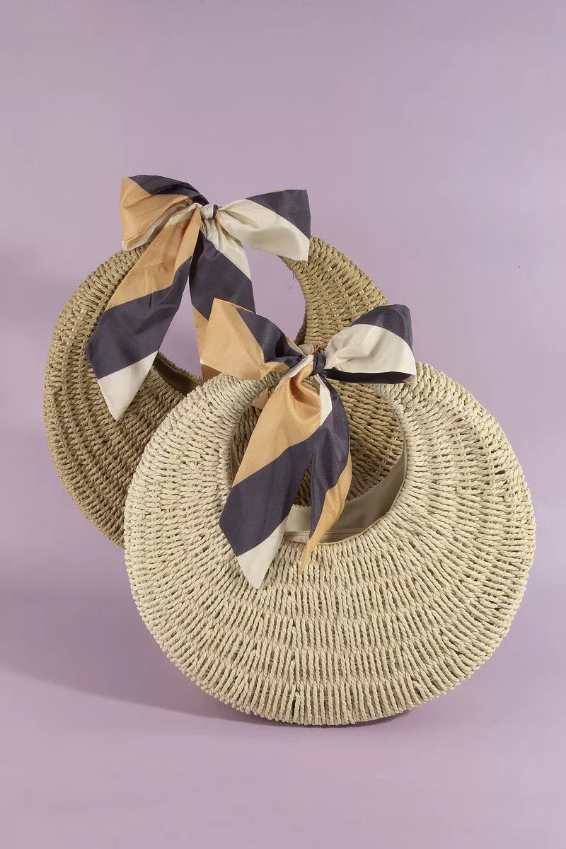 fame round woven Fame Round Woven Straw Bag with Bow Scarf Accent view 4 (bag) - shop at us.meeeshop