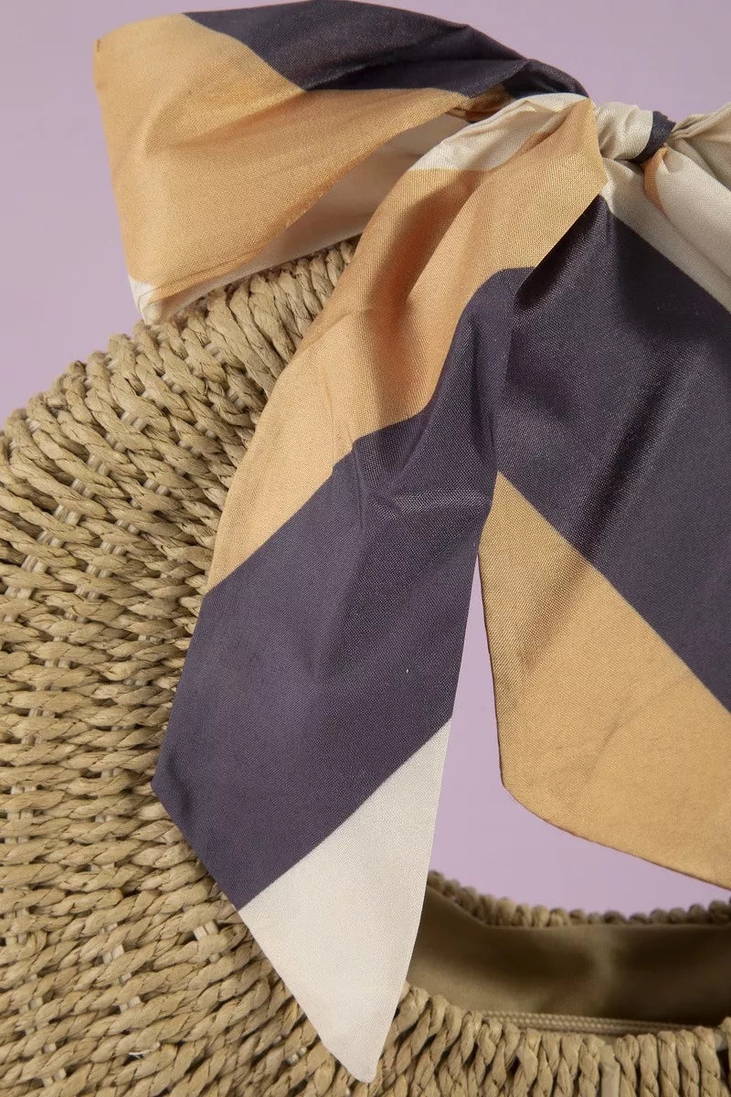 fame round woven Fame Round Woven Straw Bag with Bow Scarf Accent view 5 (bag) - shop at us.meeeshop