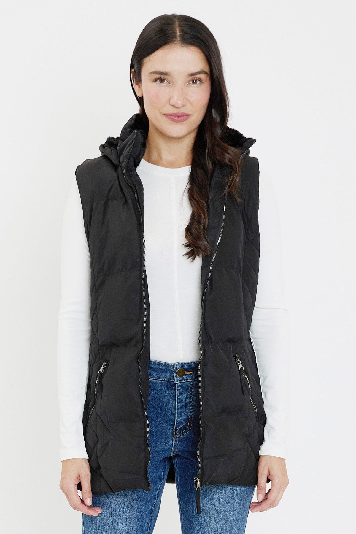Faux Fur Puffer Vest in Black view 8 - Faux Fur Vest Women (layer)
