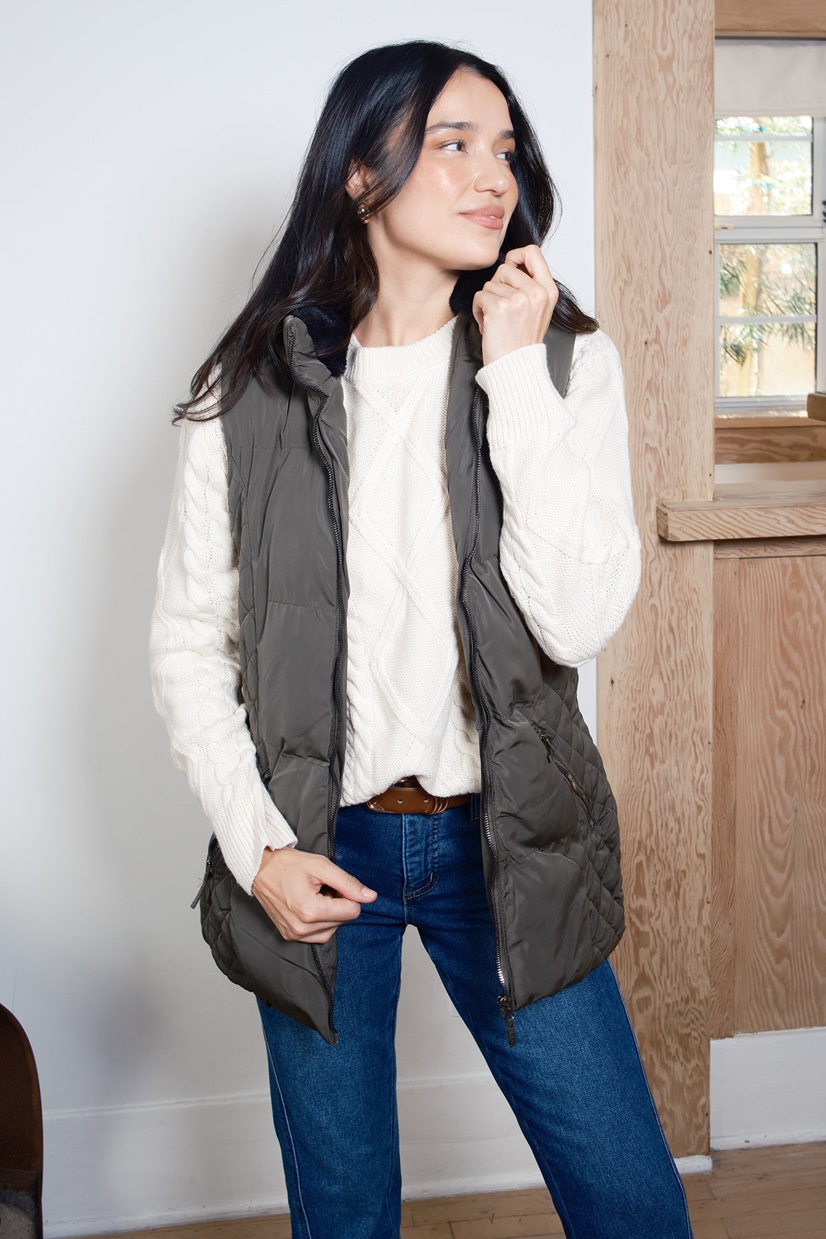 Faux Fur Puffer Vest in Olive view 2 - Faux Fur Vest Women (layer)