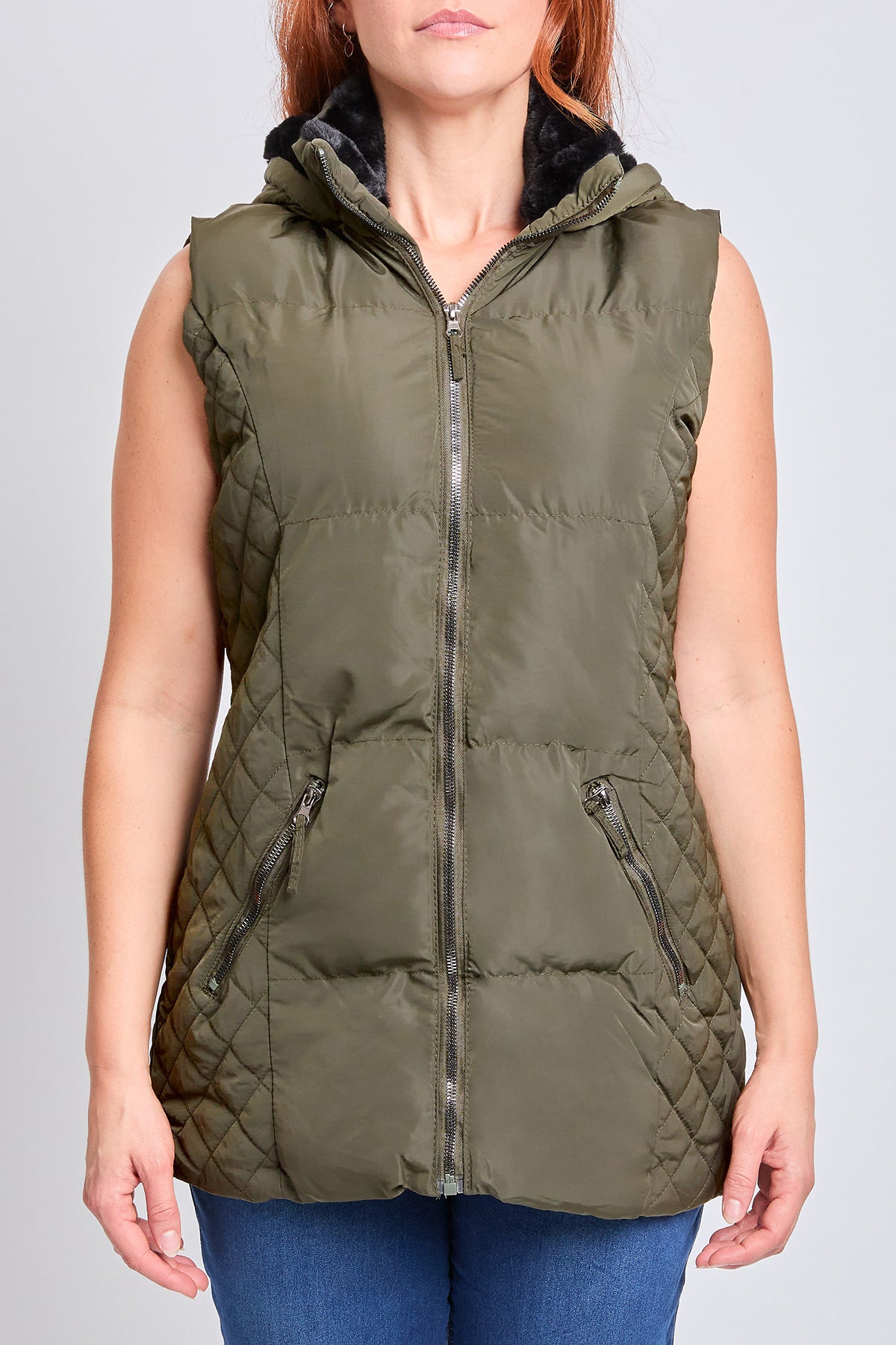 Faux Fur Puffer Vest in Olive view 3 - Faux Fur Vest Women (layer)