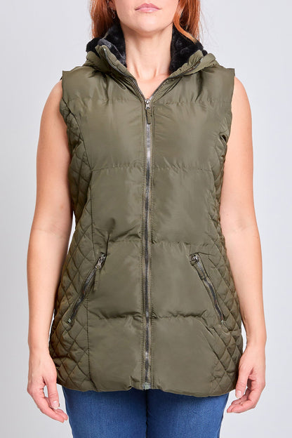 Faux Fur Puffer Vest in Olive view 3 - Faux Fur Vest Women (layer)