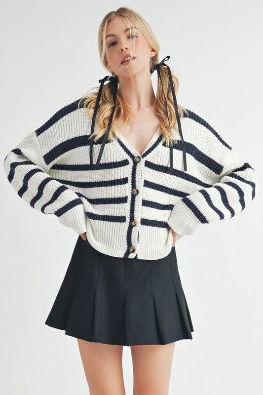 Aemi + Co Striped V-Neck Button Down Cardigan - us.meeeshop