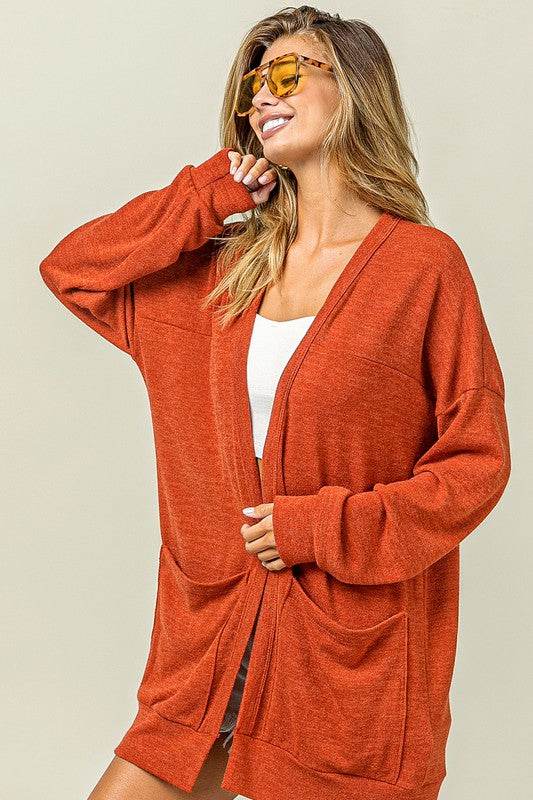 BiBi Open Front Drop Shoulder Cardigan with Pockets - us.meeeshop