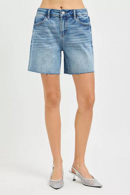 risen slouchy mid Risen Slouchy Mid Length All over Rhinestones Shorts view 6 (bottom) - shop at us.meeeshop