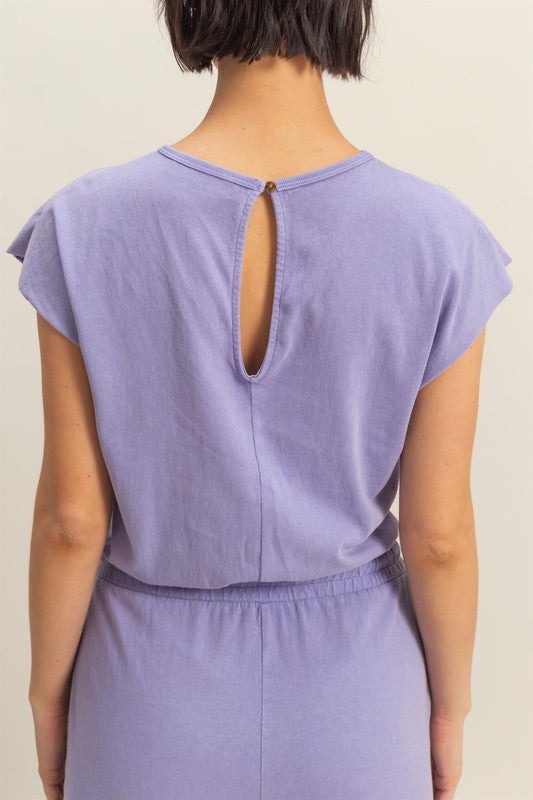 HYFVE Back Keyhole Round Neck Cap Sleeve Drawstring Jumpsuit in Lavender - us.meeeshop