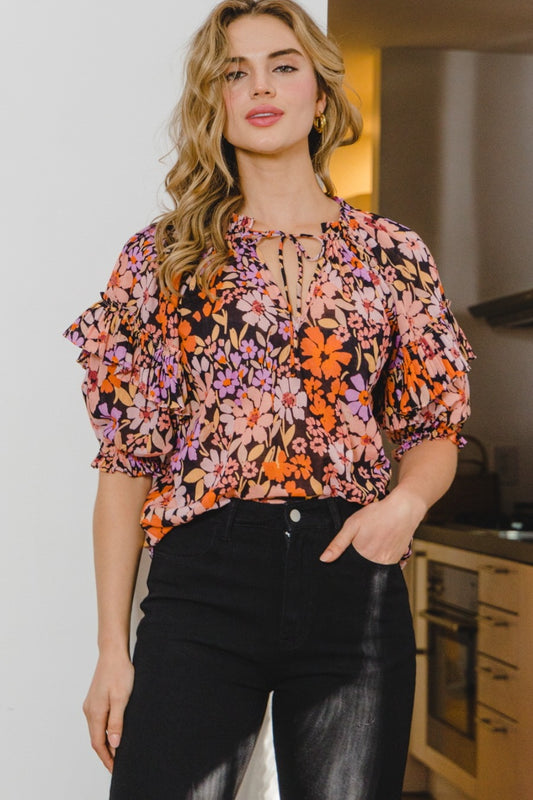ODDI Full Size Floral Tie Neck Ruffled Blouse | us.meeeshop
