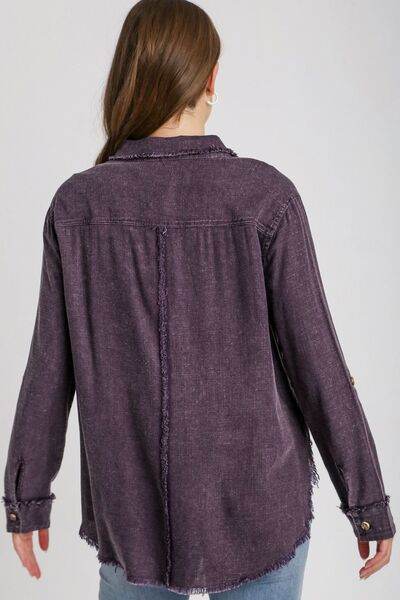 Umgee High Low Raw Hem Mineral Wash Button Down Shirt Plus Size - us.meeeshop