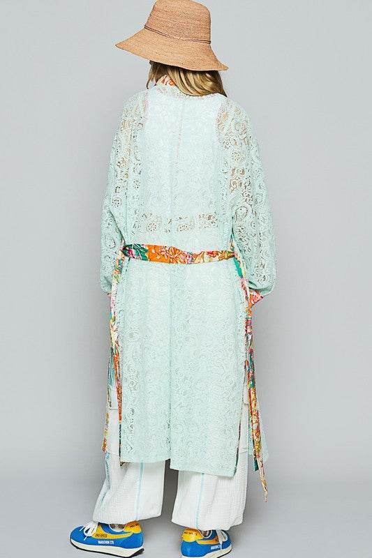 POL Floral Trim Lace Open Front Longline Cardigan in PALE MINT - us.meeeshop