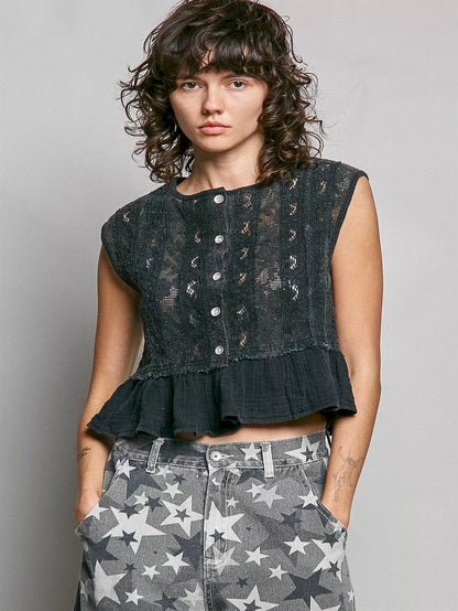 pol round neck Pol Round Neck Lace Sleeveless Top with Double Gauze Ruffle BLACK (top) - shop at us.meeeshop