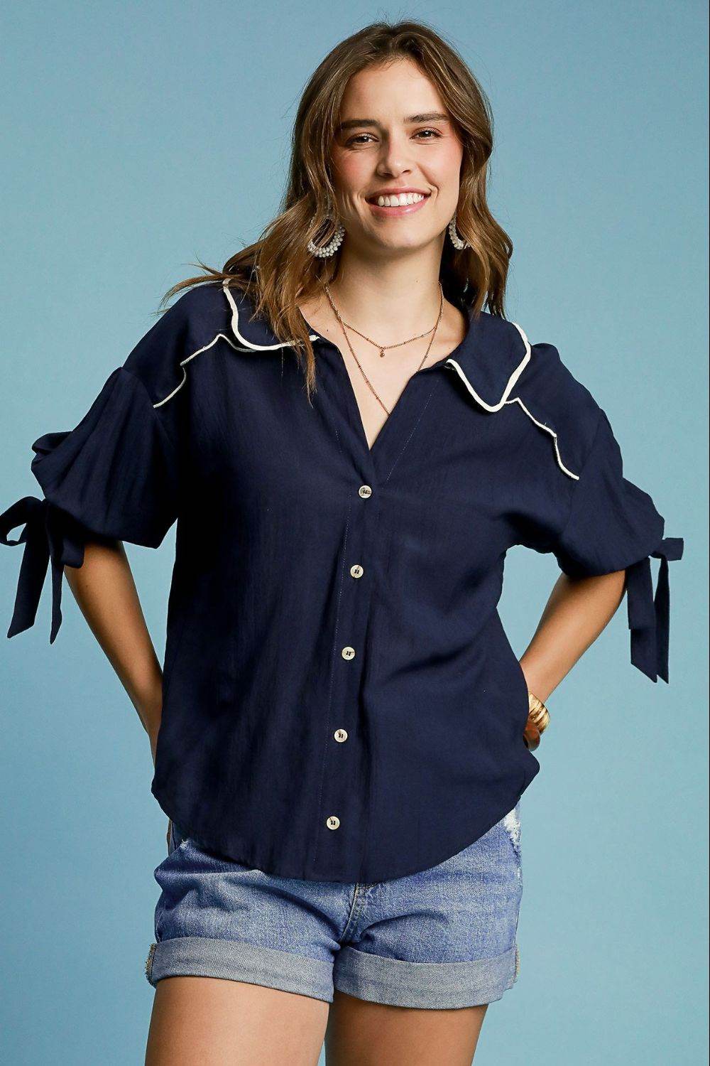 Umgee | Embroidered Detail Button Down Shirt Plus Size - us.meeeshop