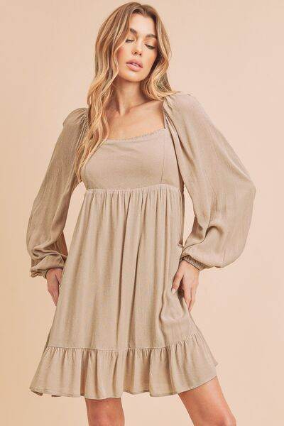 Aemi + Co Ruffled Hem Square Neck Balloon Sleeve Mini Dress - us.meeeshop