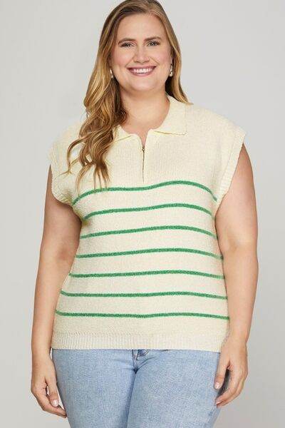 She + Sky Ribbed Hem Striped Half Zip Sweater Vest Plus Size - us.meeeshop