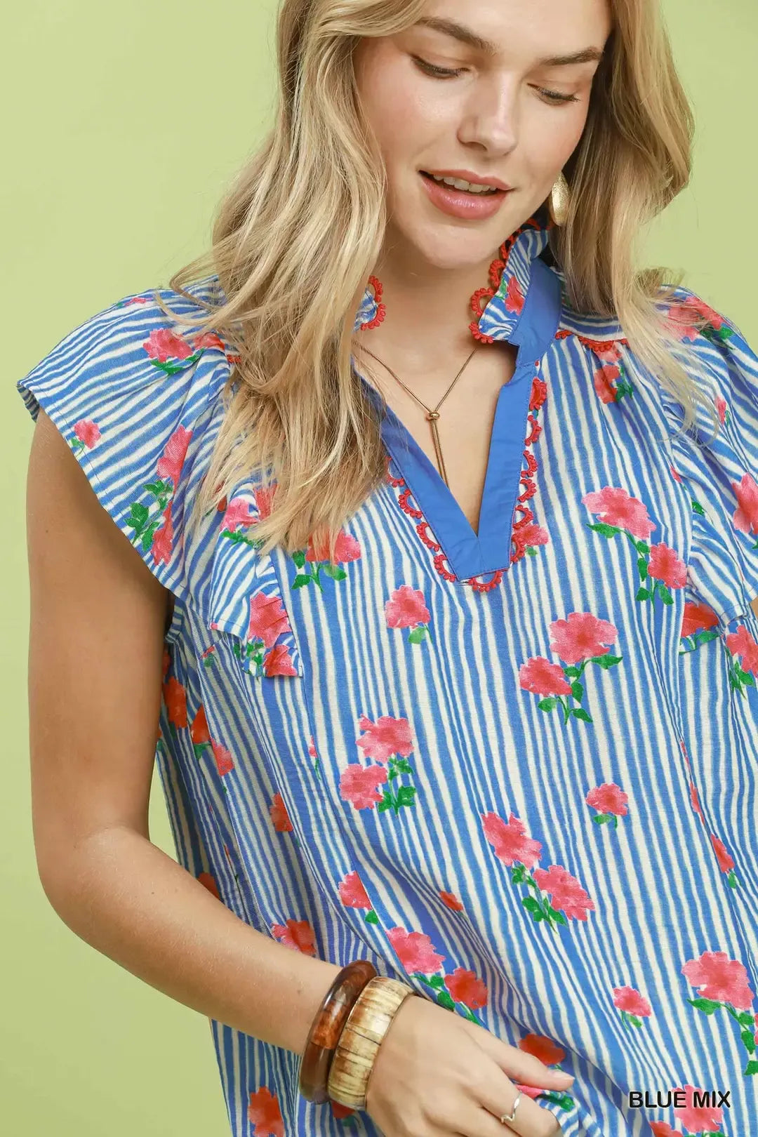 umgee striped floral Umgee Striped Floral Ruffle Sleeve Top with Contrast Trim view 4 (top) - shop at us.meeeshop
