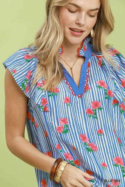 umgee striped floral Umgee Striped Floral Ruffle Sleeve Top with Contrast Trim view 4 (top) - shop at us.meeeshop
