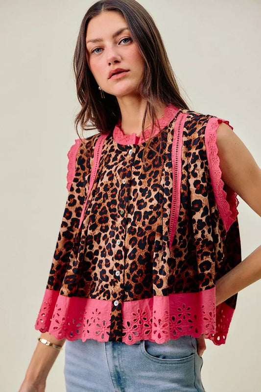 SO ME Leopard Button up Pleated Sleeveless Blouse (women's shirts & tops) - shop at us.meeeshop