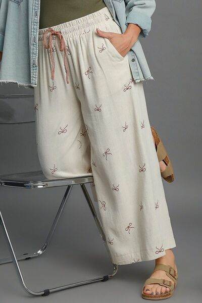 Umgee Lace Drawstring Embroidered Bow Wide Leg Pants Plus Size - us.meeeshop