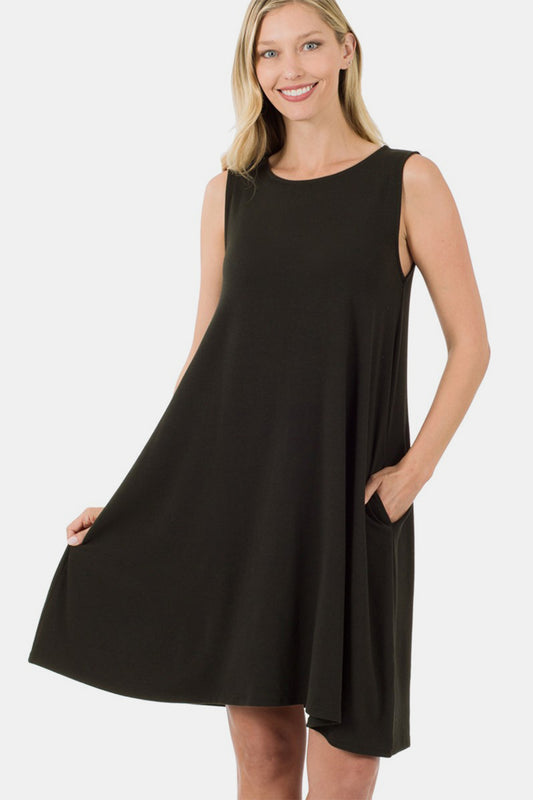Zenana Full Size Sleeveless Flared Dress with Side Pockets | us.meeeshop