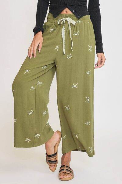 Umgee Lace Drawstring Embroidered Bow Wide Leg Pants Plus Size - us.meeeshop