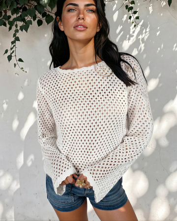 Felicity Hollow Out Knit Long Sleeve Top in Yellow Cream - Fall Wardrobe Essential - Long Top