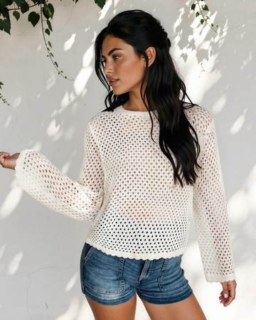 Felicity Hollow Out Knit Long Sleeve Top in Yellow Cream view 2 - Fall Wardrobe Essential - Long Top