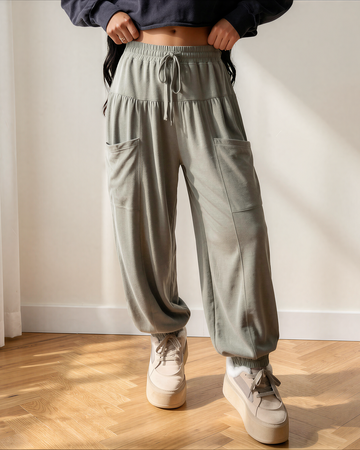 Fern Elastic Waist Drawstring Wide Leg Full Length Pants in S - Comfort Stretch (bottom)