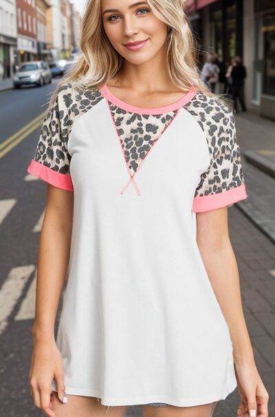 HeimishFull Size Leopard Round Neck Short Sleeve T-Shirt with Stitch Plus Size - us.meeeshop