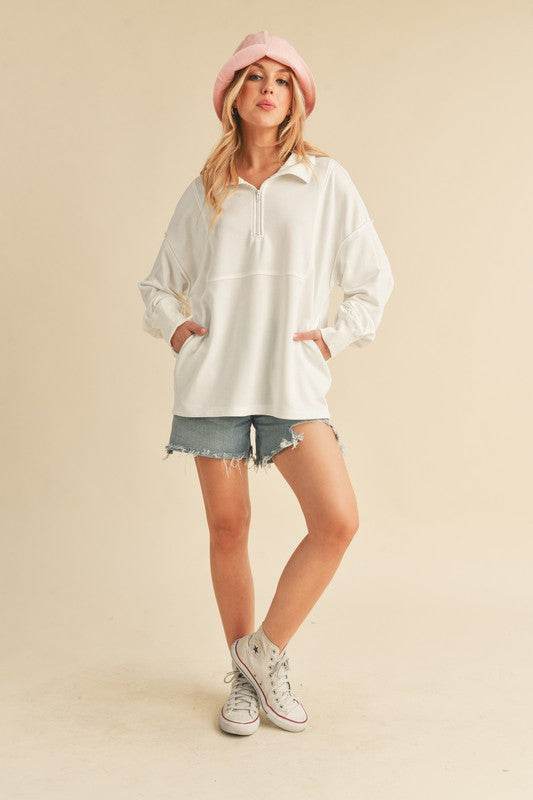 Aemi+Co Exposed Seam Half Zip Drop Shoulder Sweatshirt - us.meeeshop