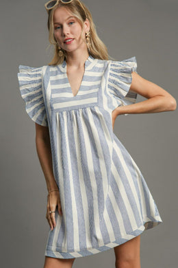 Umgee | Striped Notched Ruffled Cap Sleeve Mini Dress Plus Size