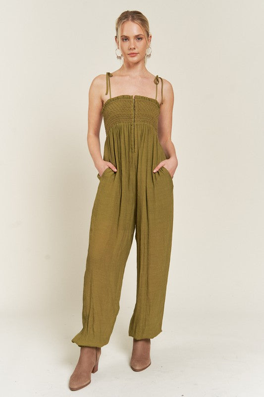 Smocked Tie Strap Jumpsuit | in OLIVE | Jade By Jane | us.meeeshop