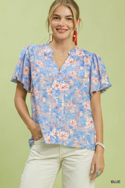 Umgee Floral Button-Front Short Sleeve Shirt (women's shirts & tops) - shop at us.meeeshop